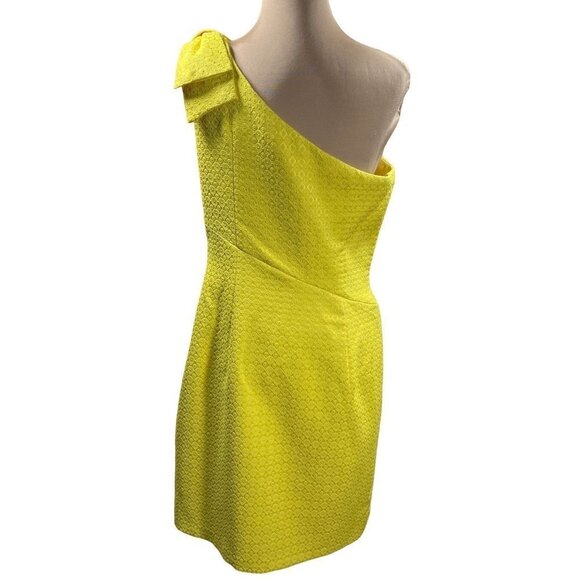 London Times Women's Sheath Dress One Shoulder Bow Bright Yellow Size 12 - Picture 3 of 8